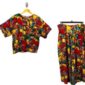 Vintage 80s Pant Set Size L Tropical Fruity Bright